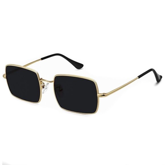 Rectangle Retro Gold Metal Frame Polygon Women Men Square Black Tint Sunglasses - Picture 1 of 8